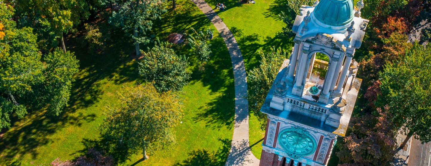 aerial photo of the Carrie Tower and the Quiet Green